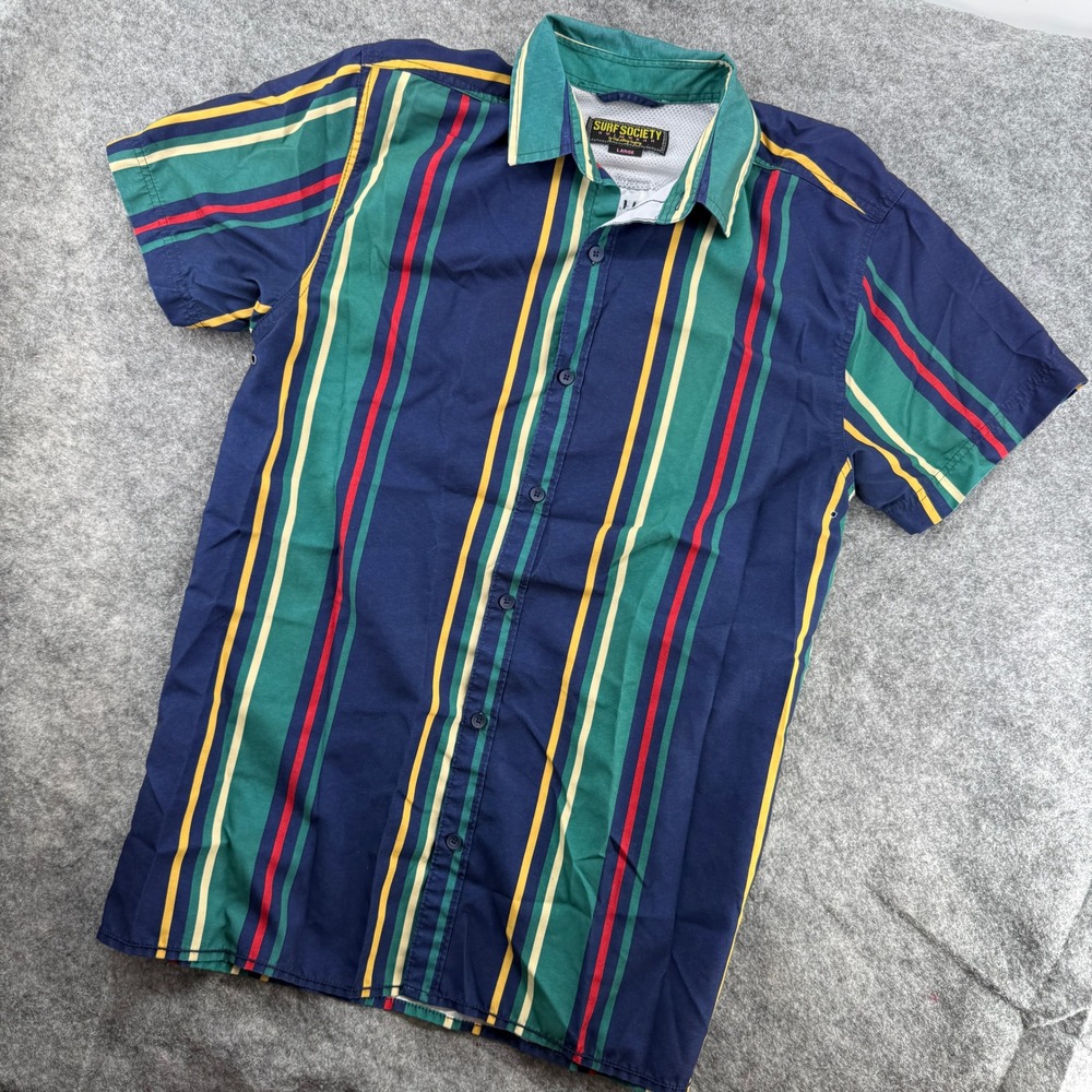 Surf Society Button Up Shirt Men VTG Large Navy Green Red‎ Yellow Striped Casual